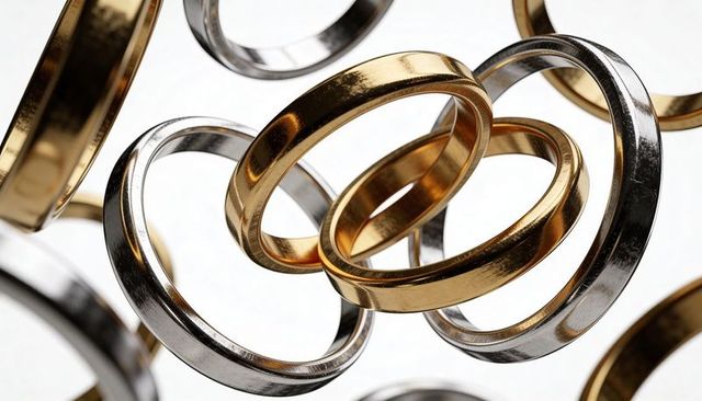 Floating polished gold and silver rings reflecting studio light, abstract metal cluster
