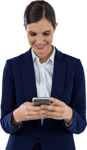 Transparent Businesswoman Smiling Using Mobile Phone in Office Attire