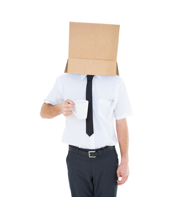 Transparent isolated image of businessman with box on head holding cup - Download Free Stock Videos Pikwizard.com