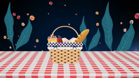 Animated Picnic Basket on Checkered Tablecloth with Floating Elements