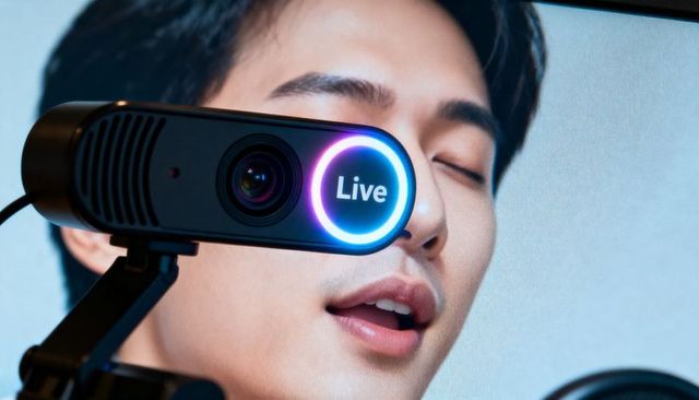 Closeup streamer leaning into webcam with illuminated live ring, studio microphone, ringlight