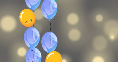 Colorful Floating Balloons on Grey Background with Bokeh Lights