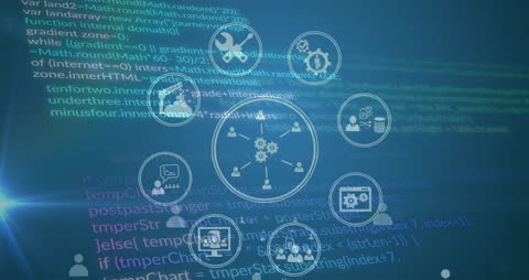 Digital Network Icons and Data Flow on Technical Background