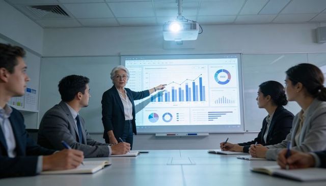 Senior executive presenting sales growth charts and analytics via projector in boardroom