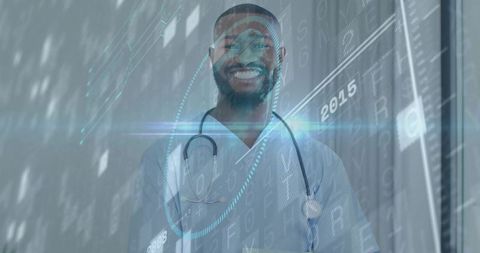 Smiling clinician wearing stethoscope with holographic medical data overlay