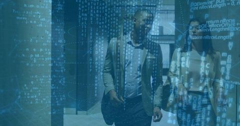 Walking professionals in modern office corridor with holographic augmented reality data overlay