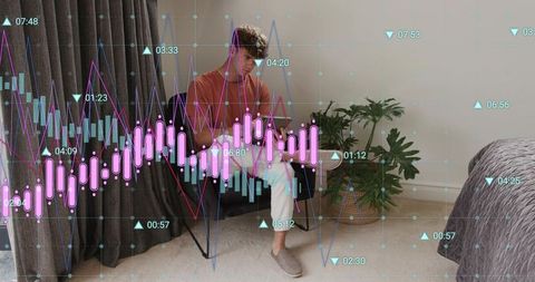 Young man checking phone in bedroom with overlaid stock market candlestick charts and analytics