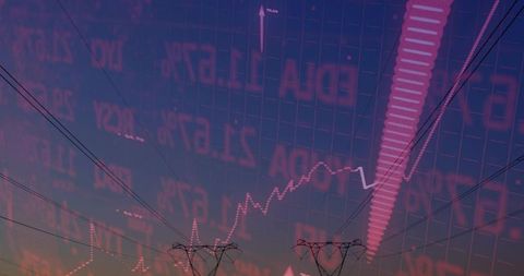 Dusk power lines crossing skyline with translucent stock market data overlay