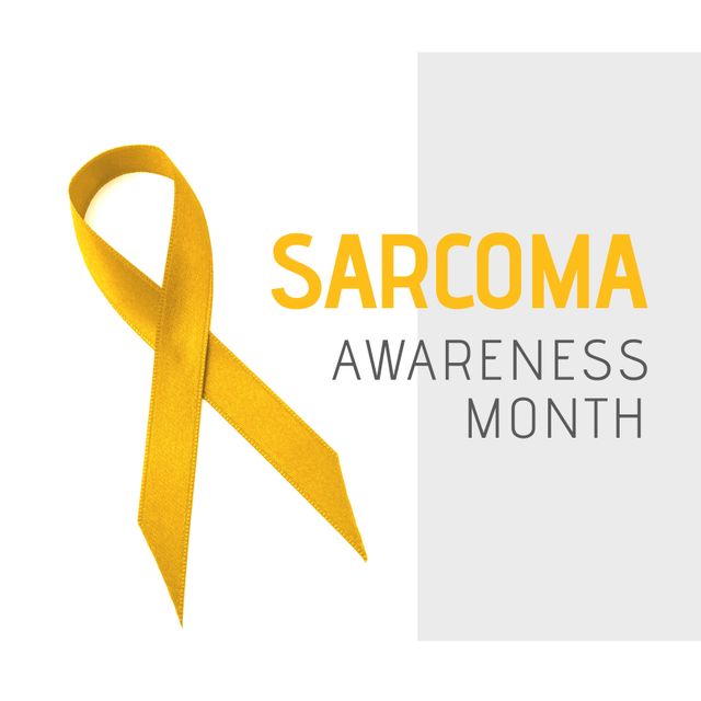 Illustrative image of sarcoma awareness month text and yellow ribbon on white background, copy space. cancer, awareness, healthcare and alertness concept.