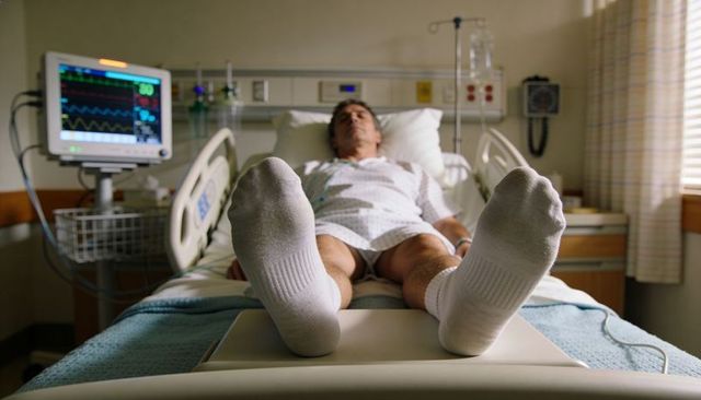 Male patient resting in hospital bed wearing white socks with cardiac monitor display