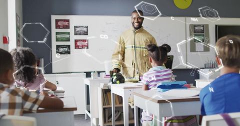 Superimposed chemical formulas with teacher and diverse schoolchildren classroom learning