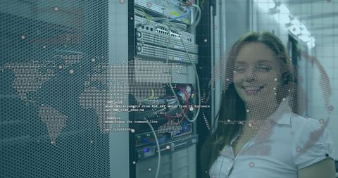 Smiling IT Professional in Modern Server Room with Global Connection - Download Free Stock Images Pikwizard.com