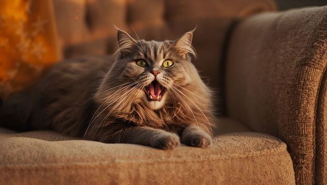 Long-haired gray tabby cat lying on sofa showing teeth and tongue in warm golden light