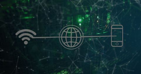 Digital connectivity icons hovering servers in dark