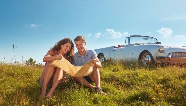 Young Couple Exploring Countryside with Convertible and Paper Map on Sunny Roadtrip Adventure