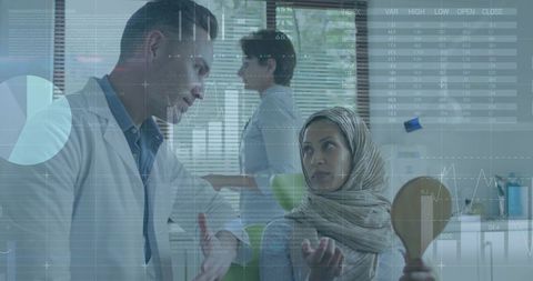 Doctor consulting with woman wearing hijab in clinic holding mirror with medical overlays