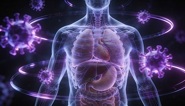 Translucent human torso revealing heart, lungs, gut surrounded by purple viral particles