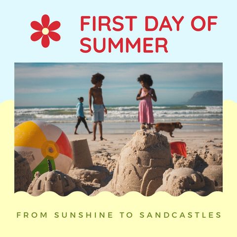 Celebrating first day of summer with sandcastles on beach