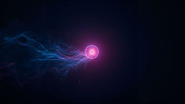 Neon energy orb emitting magenta core and cyan tendrils in dark void