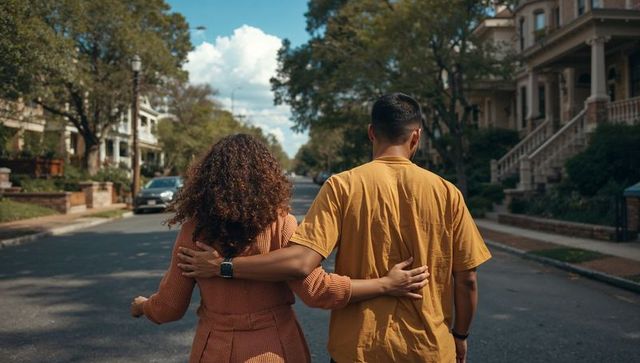 Couple walking arm in arm down suburban street wearing rust outfit and mustard tee