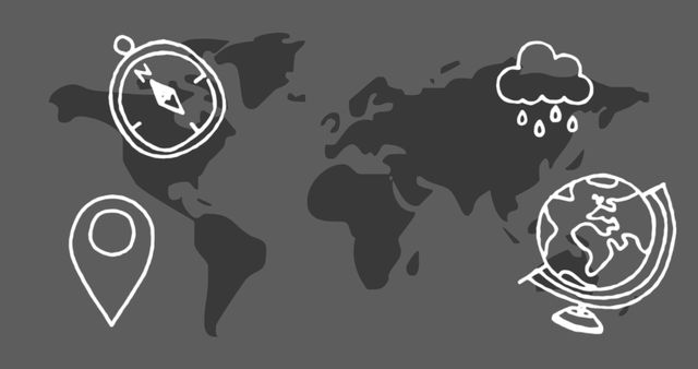 Hand-drawn world map with travel-themed icons such as a compass, globe, and location pin on a gray background. Useful for web articles, travel blogs, educational resources and geography-themed content.