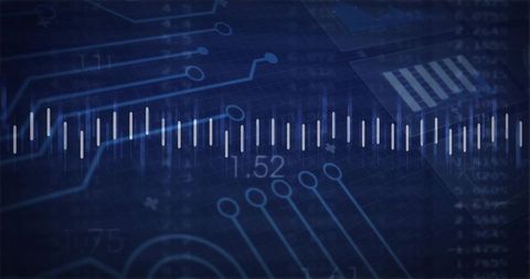 Displaying horizontal waveform of white bars on deep blue circuit grid digital interface