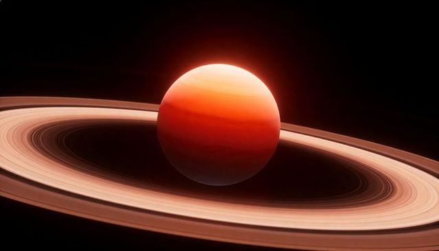 Glowing Scarlet Gas Giant Orbiting Wide Concentric Rings with Dramatic Crescent Shadow