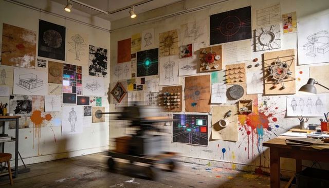 Motion-blurred camera dolly racing past pinned concept art in creative workshop