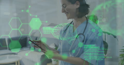 Female Doctor Analyzing Medical Data with Technology Interface