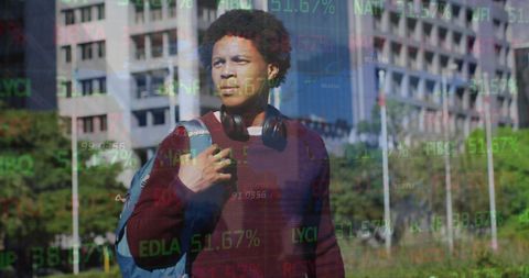 Man Envisioning Future with Stock Market and Technology Overlay