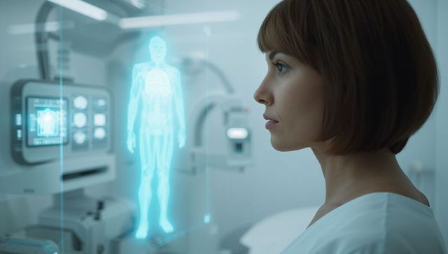 Woman reviewing full-body holographic scan in futuristic medical lab using ai diagnostics