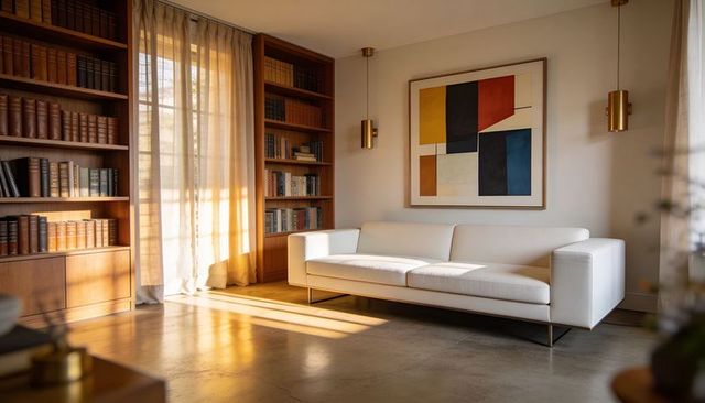 Minimalist modern living room with white sofa, built-in bookshelves and abstract painting