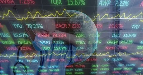 Medical Professional Analyzing Financial Data over Earth's Digital Graphics