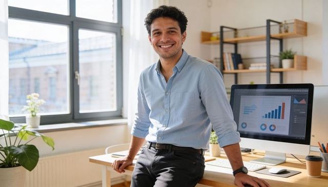 Smiling professional leaning on desk with analytics charts on desktop monitor