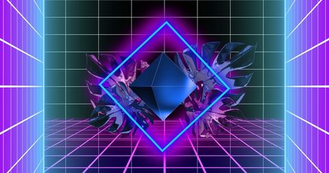 Futuristic neon geometric structure with monstera leaves
