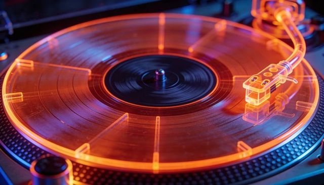 Spinning vinyl turntable with neon led rim and tonearm tracking grooves, retro dj vibes