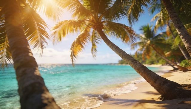 Sunlit leaning palm casting shade over turquoise shoreline with soft sand and gentle waves