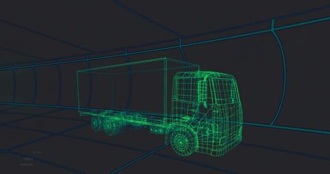 Futuristic green wireframe semi-truck in virtual tunnel