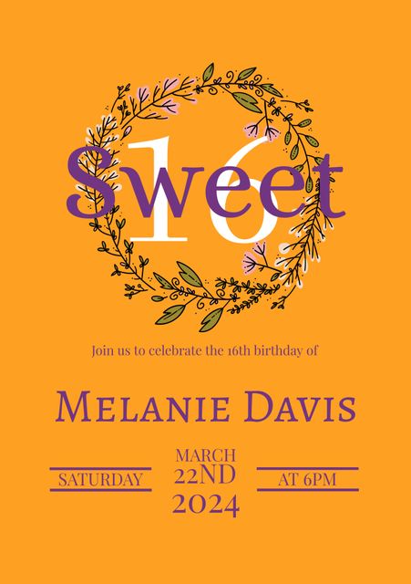 This image features a Sweet 16 birthday invitation with a floral wreath on an orange background. Ideal for designing birthday party invitations, both digital and printed versions. Perfect for celebrating a milestone birthday with touches of elegance and festivity.