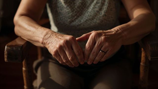 Senior hands resting on wooden chair showing wrinkles, wedding ring, warm indoor light