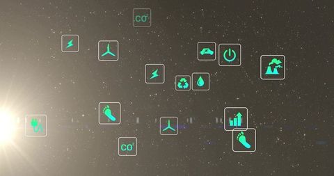 Futuristic sustainability HUD dashboard with floating neon energy icons and starfield glow