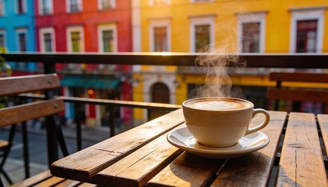 Steaming latte displaying latte art on sunlit balcony table overlooking colorful facades
