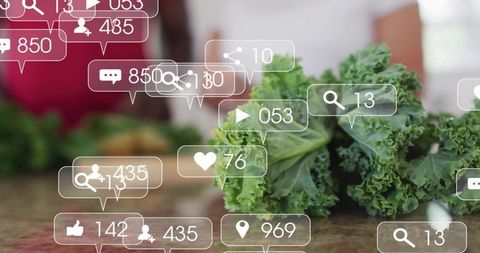 Highlighting curly kale with social media engagement overlays on kitchen countertop