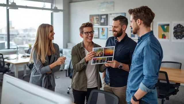 Colleagues discussing printed collage in modern office environment
