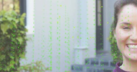 Smiling woman on porch showing green binary code overlay representing digital security