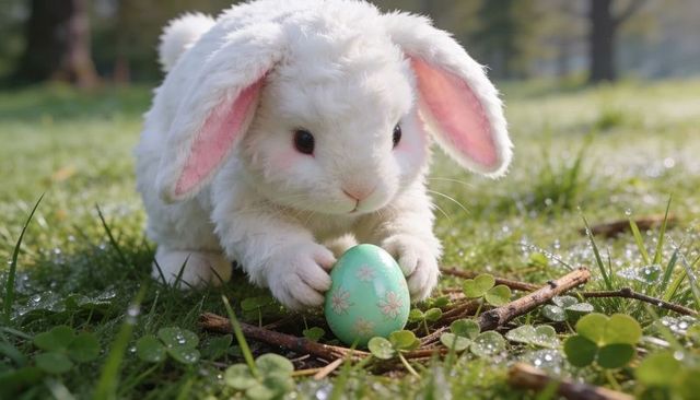 White bunny guarding pastel floral easter egg on dewy clover meadow sunrise