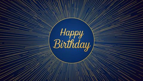 Gold script happy birthday emblem with radiant starburst rays on navy luxury background