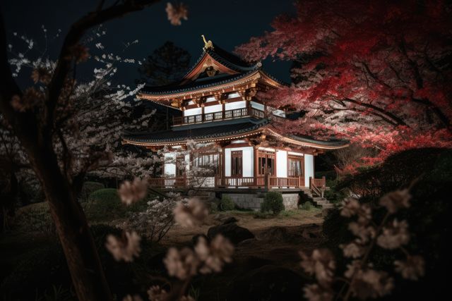 Trees and japanese temple over night sky, created using generative ai technology. Architecture, culture, religion and tradition concept digitally generated image.