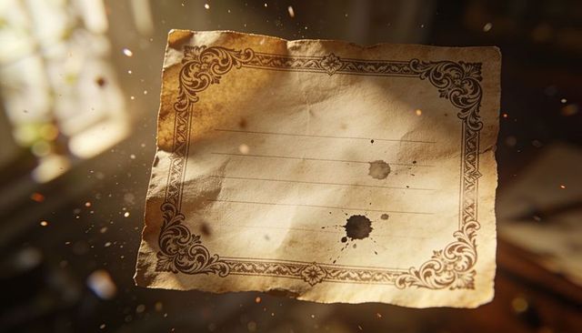 Sunlit antique parchment floating with ornate filigree border, ink blotches and dust motes