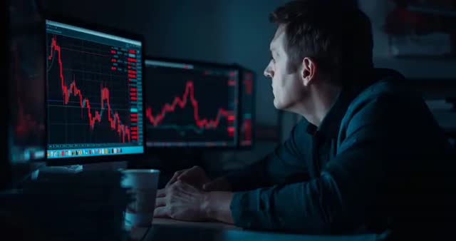 Focused Trader Analyzing Stock Market Downturn on Monitors at Night
